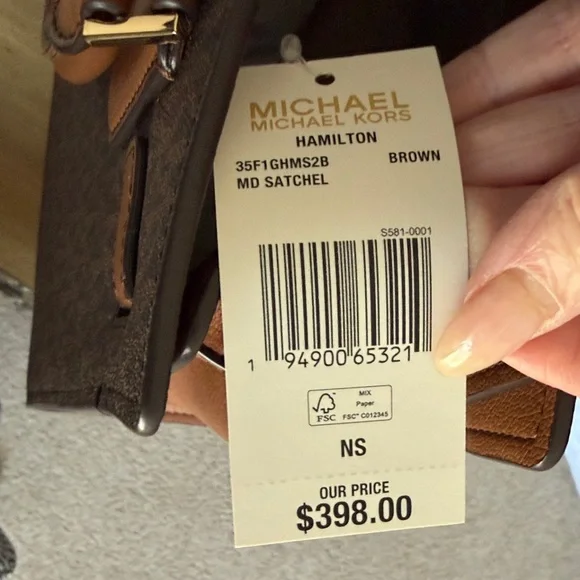 Michael Kors Brown/Tan MK Logo Satchel with Gold Accent - Picture 5 of 7